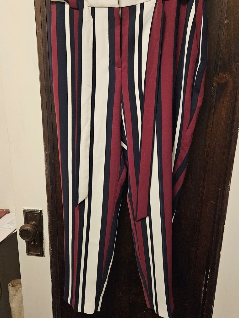 Express Striped Tie-Waist Straight Leg Pants - Burgundy, Navy & White